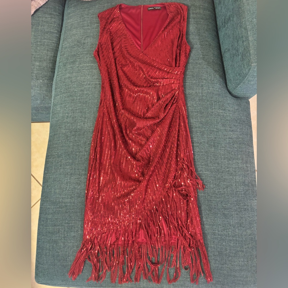 SHEIN Red Sequin Fringe Cocktail Dress